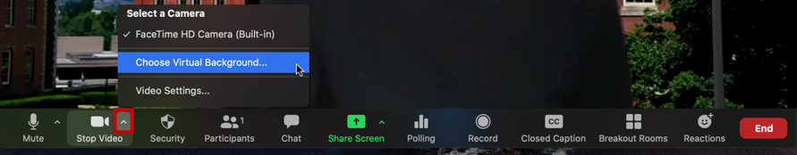 Screenshot of the Zoom control bar with a right highlight around the ^ icon on the Stop Video button and Choose Your Virtual background is selected in the pop-up menu.
