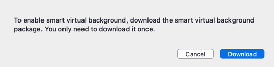 Screenshot of download pop-up window which says "To enable smart virtual background, download the smart virtual background package. You only need to download it once." 