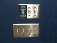 Bank of 3 light switches (on/off) above a bank of 4 light switches (on/off)