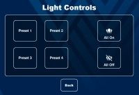 Touchpanel Light Controls page with preset buttons, all on, and all off