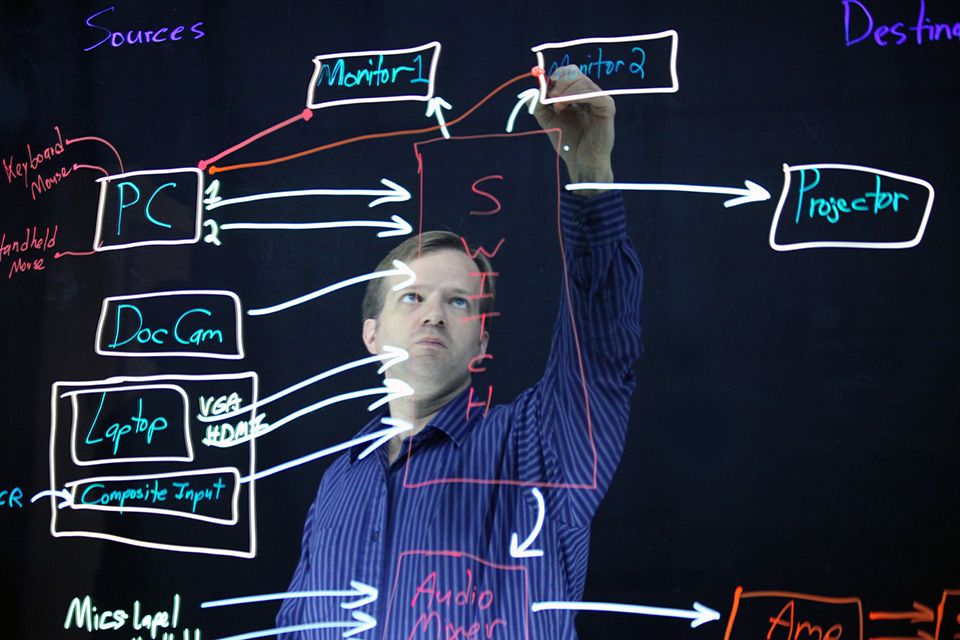 Roger Neptune drawing a diagram with fluorescent markers on a glass, with a black background. 