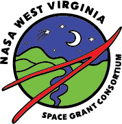 NASA West Virginia Logo: Space Grant Consortium. Circular shape with mountain divided by a stream and the moon and stars in the sly.