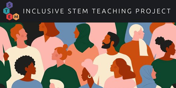 Inclusive STEM Teaching Project. Background image is an illustration of a group of multicultural people.