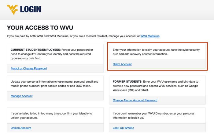 Screen shot of the WVU Login page. The Claim your Account box is highlighted.