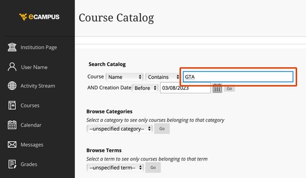Screen shot showing search feature in the eCampus catalog 