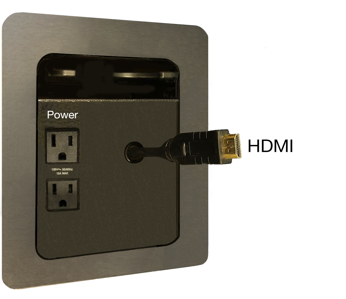 Image of HD input panel with HDMI cable and Power outlets shown