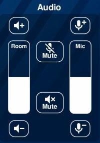 Touchpanel audio control buttons with room volume, mic volume, and mute buttons